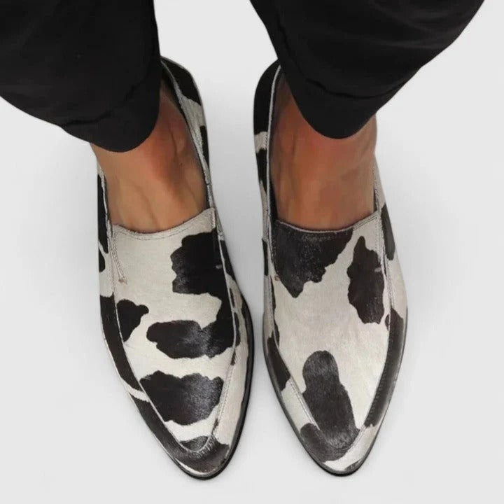 Womens Cow Print Loafers with Pointed Toe and Slip On Design