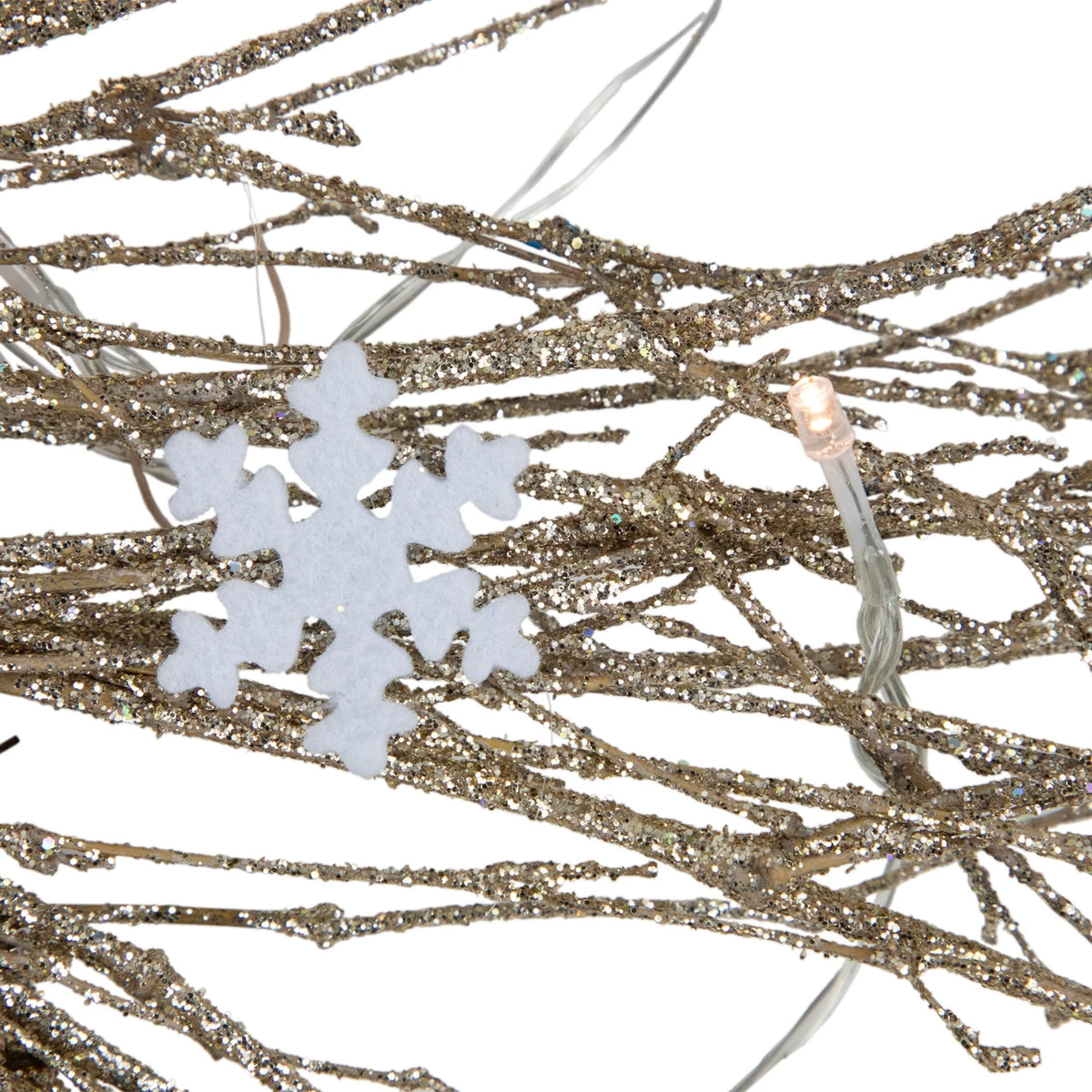 Snowflake Accent Twig Wreath with Battery LED Lights and Gold Sparkle 28 Inch