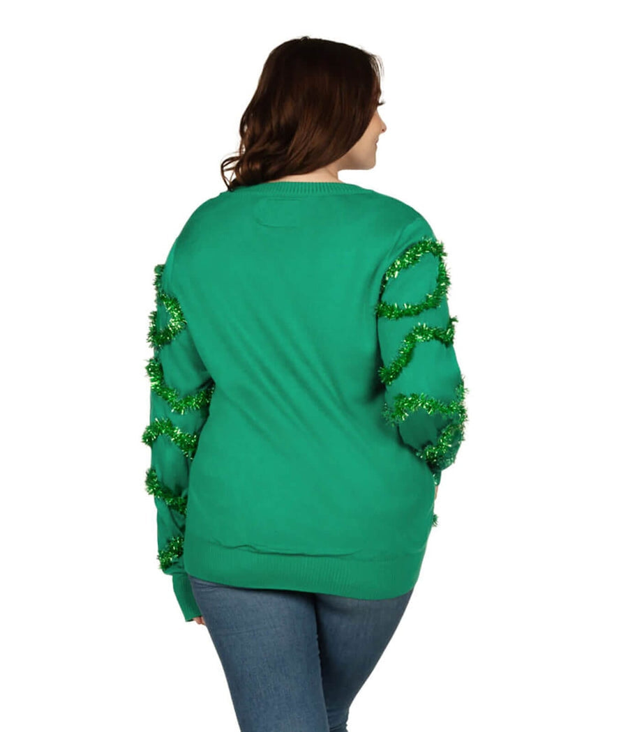 Womens Plus Size Christmas Tree Cardigan in Green and Red with Tinsel and Bulbs