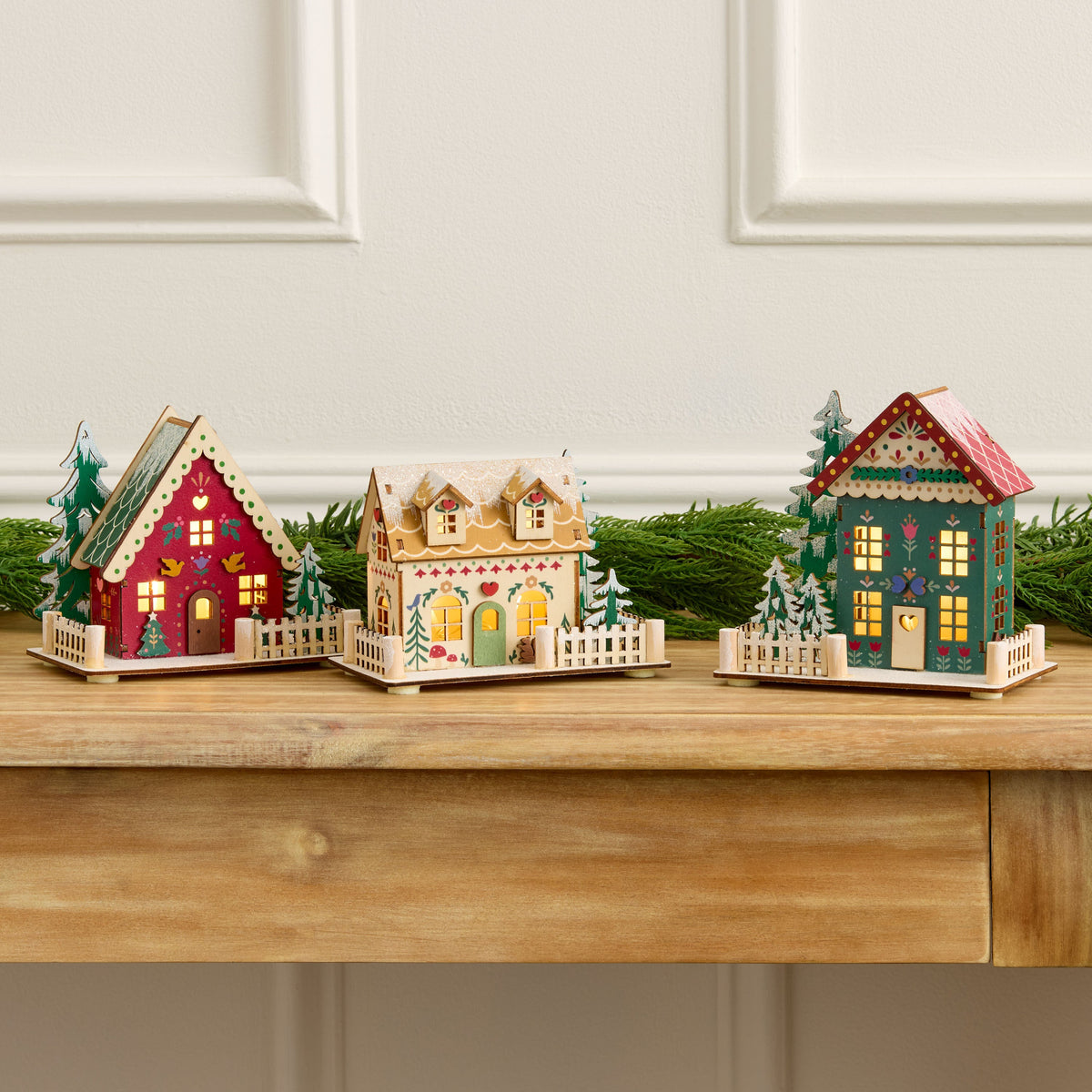 Set of 3 Folk Cottages with Warm LED Windows and Timer for Holiday Mantels and Sideboards