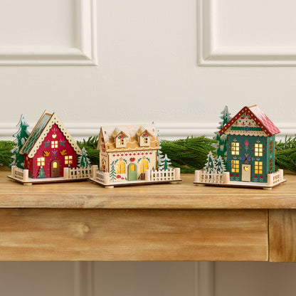 Set of 3 Folk Cottages with Warm LED Windows and Timer for Holiday Mantels and Sideboards