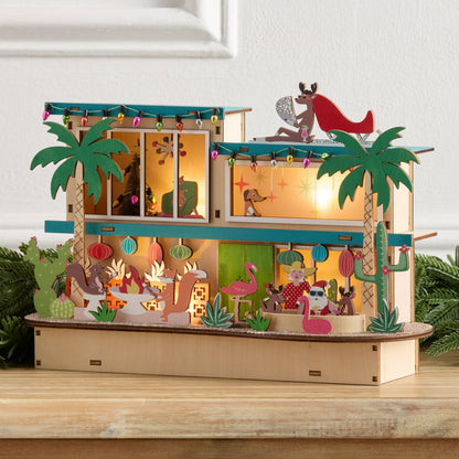 Laser Cut Wood Retro Vacation House Decor with Warm LED Glow and Timer for Mantels and Shelves