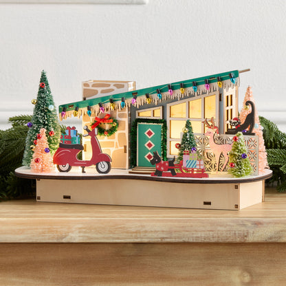 Laser Cut Wood Sloped Roof Scooter House with LED Lights and Timer for Holiday Shelves