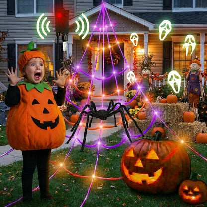 Light Up Spider Web with Motion Sensor Sound and 150 Purple LEDs for Yards and Rooflines
