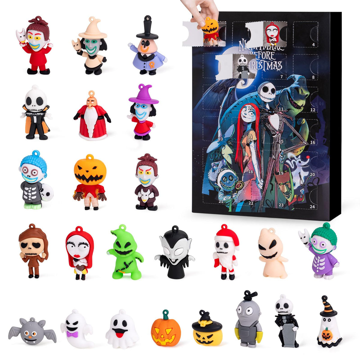 Collectible Holiday Figure Countdown Box of 24 Plastic Figures in Red, Black or Blue for Christmas and Halloween