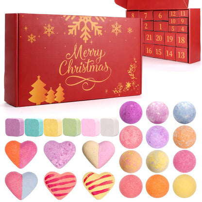Red Christmas Box of 24 Individually Wrapped Bath Bombs in 14 Scents with a Numbered Door for Each Day