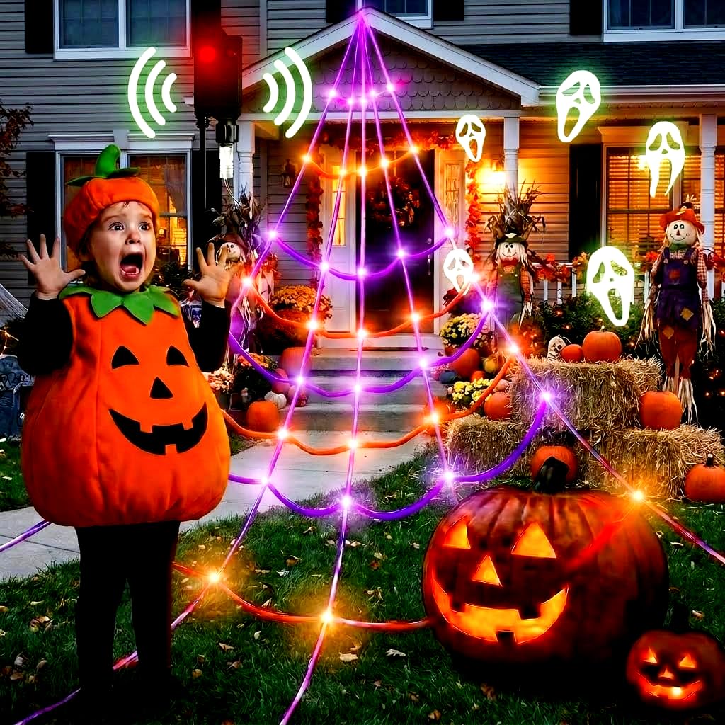 Light Up Spider Web with Motion Sensor Sound and 150 Purple LEDs for Yards and Rooflines
