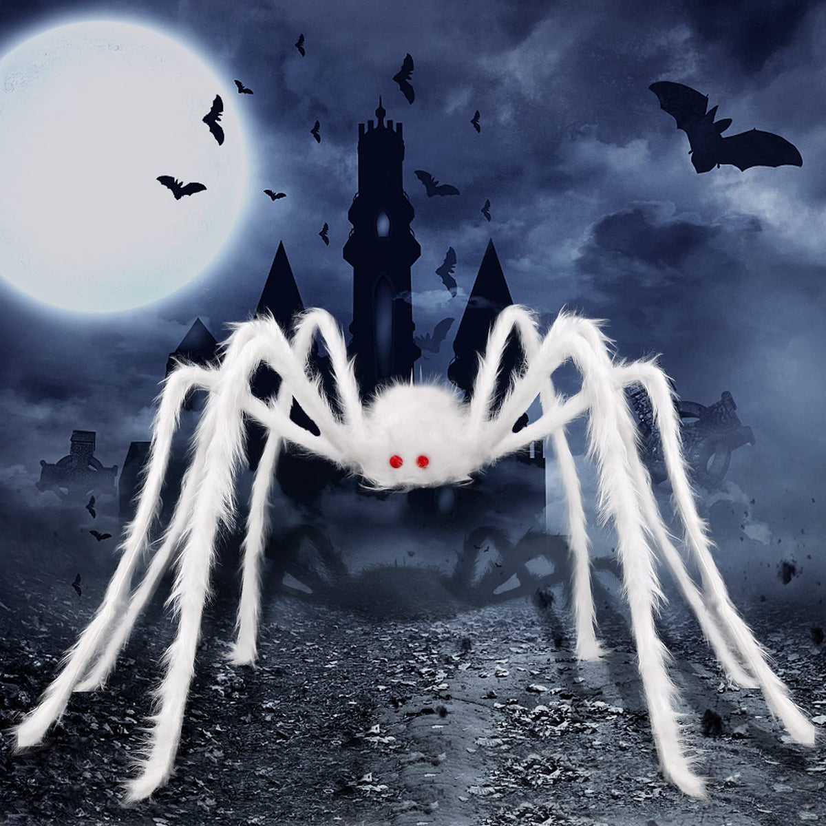 Giant Bendable Spider Trio with 12 Foot Cobweb for Halloween Porches Trees and Fences in Black Or White