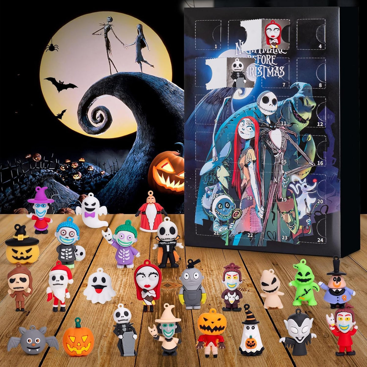 Collectible Holiday Figure Countdown Box of 24 Plastic Figures in Red, Black or Blue for Christmas and Halloween