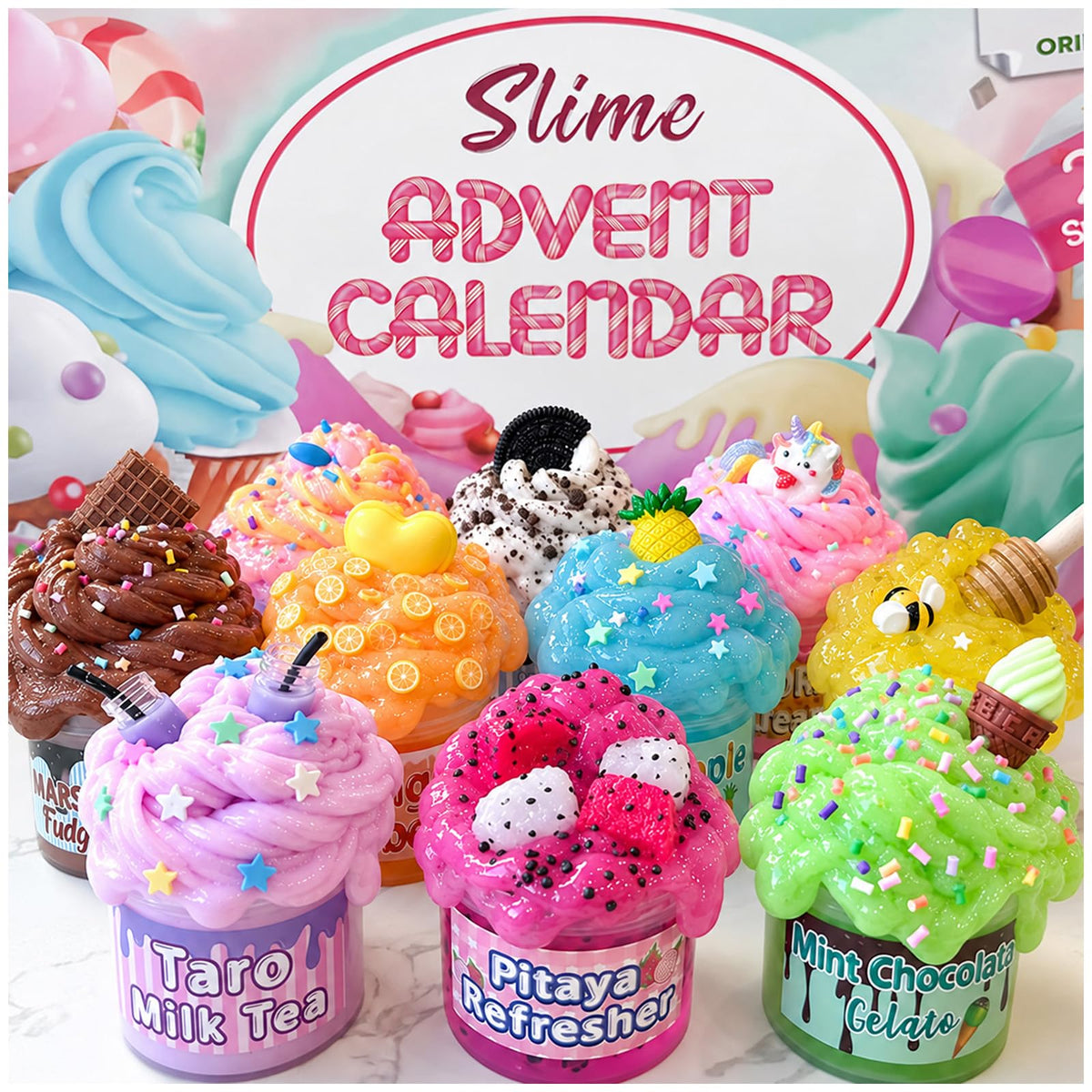 Slime Countdown Box with 10 Scented Dessert Slimes, 5 Mix Ins and 16 Charms for Holiday Mixing