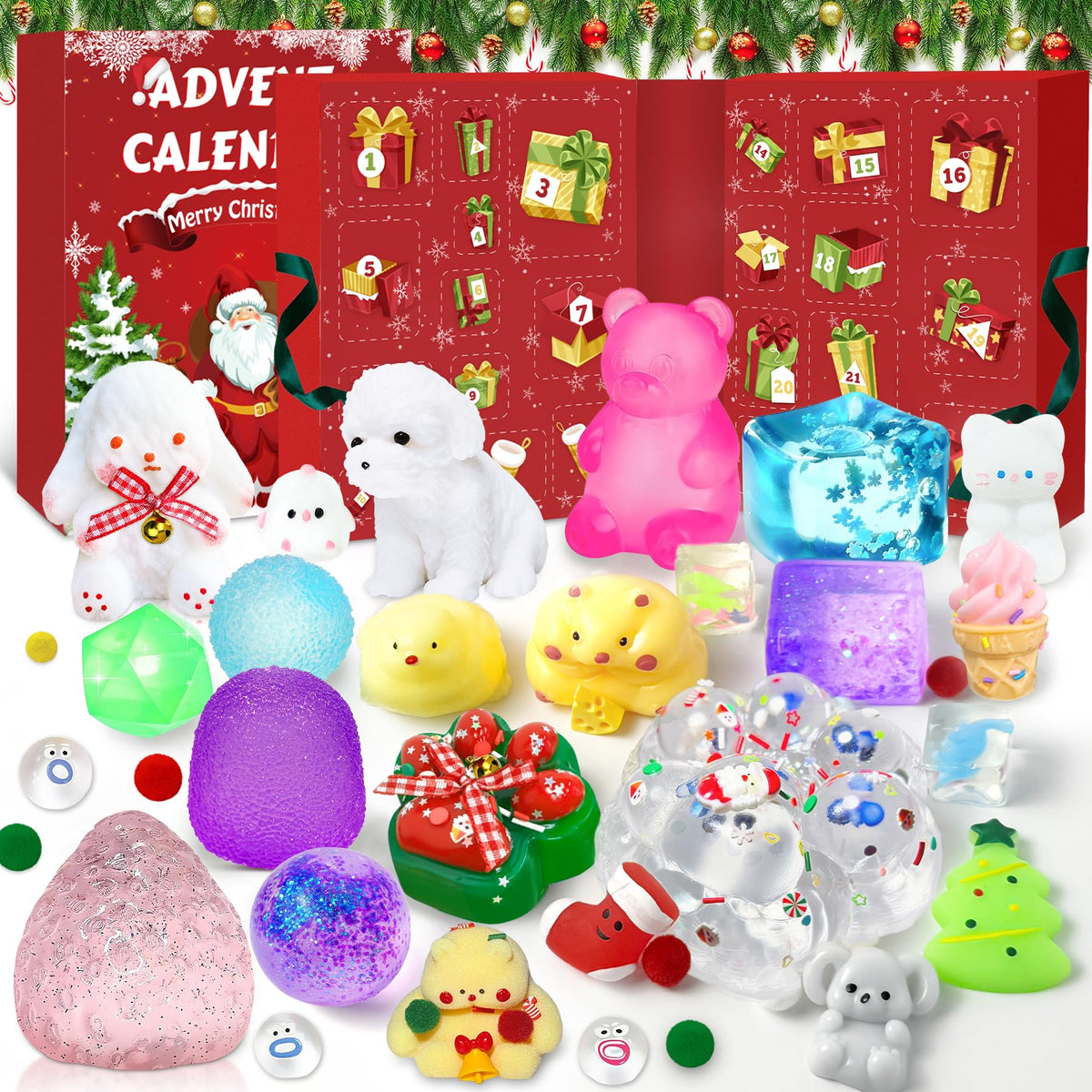 Christmas Countdown Box with 24 Soft Squishy Toys and a Fold Out Red Display for Kids