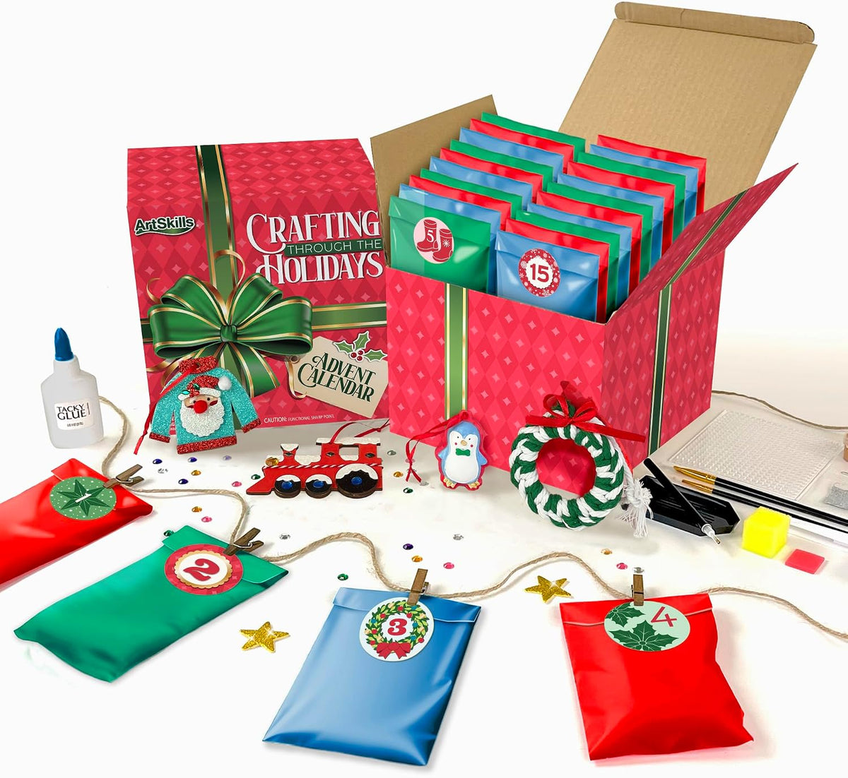 Holiday Craft Countdown Box with 25 Daily Craft Bags for Diamond Art, Paint by Number and Ornament Projects