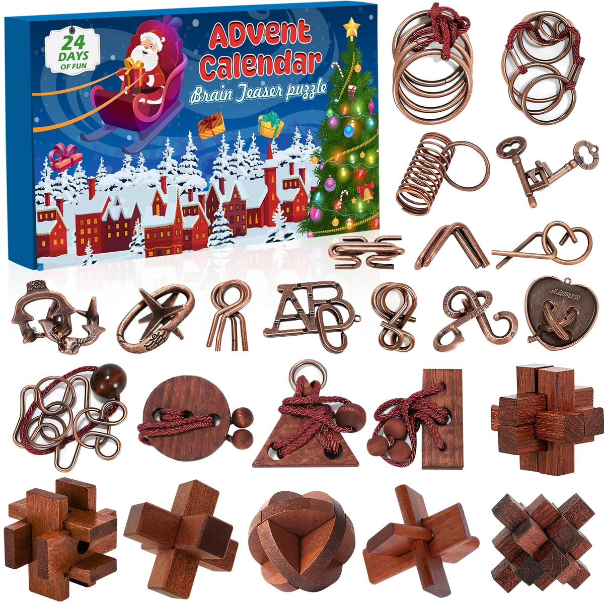 Brain Teaser Countdown Box of 24 Interlocking Metal Rings and 3D Wooden Puzzles in Dark Brown or Light Brown