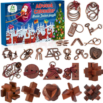 Brain Teaser Countdown Box of 24 Interlocking Metal Rings and 3D Wooden Puzzles in Dark Brown or Light Brown