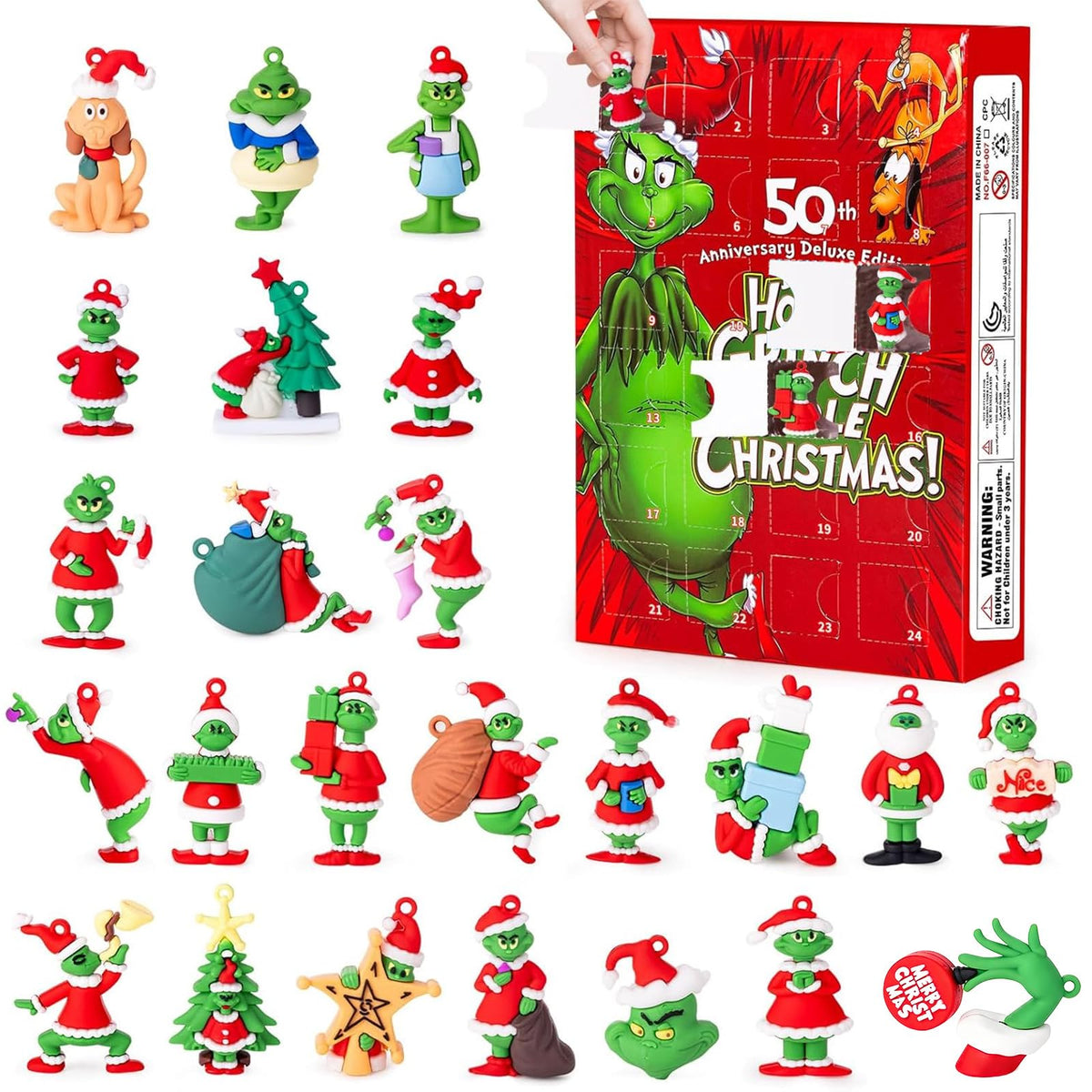 Collectible Holiday Figure Countdown Box of 24 Plastic Figures in Red, Black or Blue for Christmas and Halloween