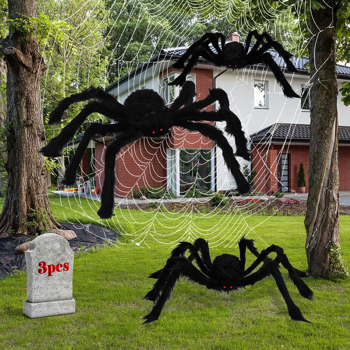 Giant Bendable Spider Trio with 12 Foot Cobweb for Halloween Porches Trees and Fences in Black Or White