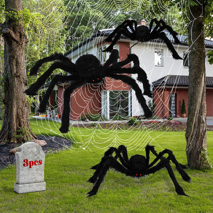 Giant Bendable Spider Trio with 12 Foot Cobweb for Halloween Porches Trees and Fences in Black Or White