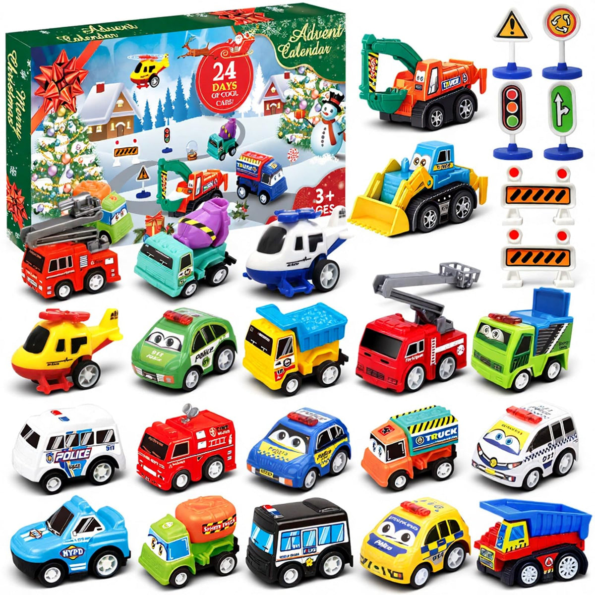Pull Back Vehicle Countdown Box with 21 Toy Cars and Trucks Plus 3 Sets of Road Signs