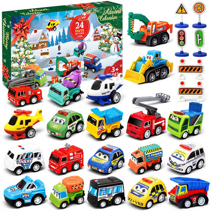 Pull Back Vehicle Countdown Box with 21 Toy Cars and Trucks Plus 3 Sets of Road Signs