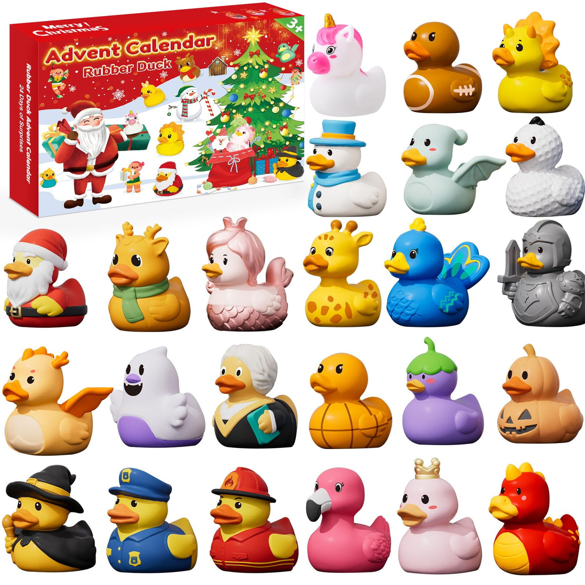 Costume Rubber Duck Countdown Box with 24 Different Festive Ducks for Bath Time and Shelves