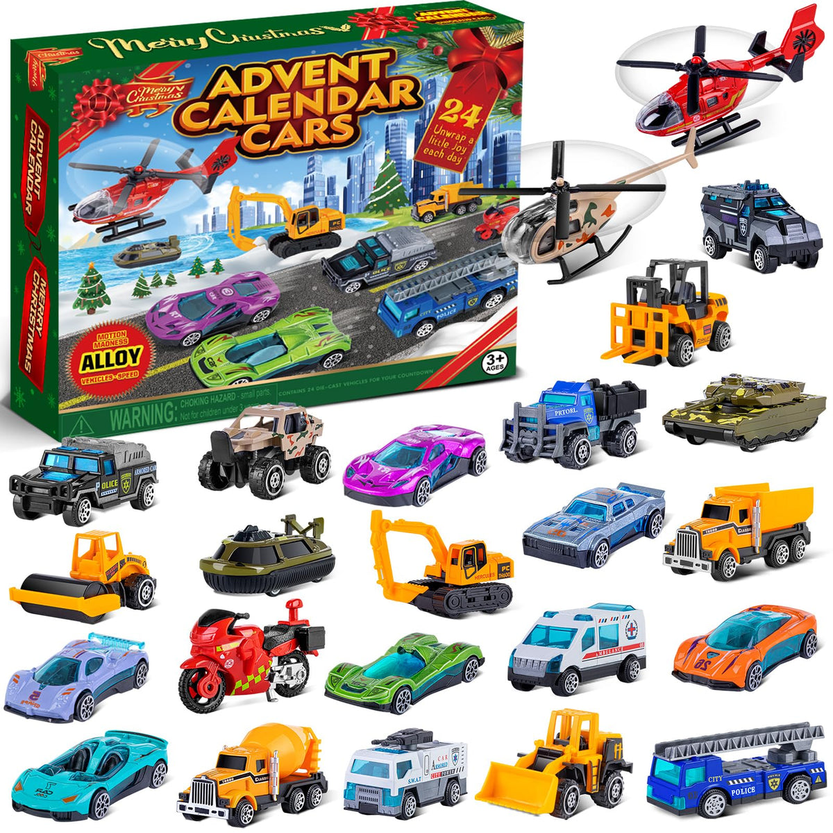 Calendar Box of 24 Die Cast Alloy Race Cars, Tanks and Helicopters with a Folding Play Map for Ages 3 and Up