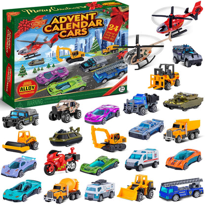 Calendar Box of 24 Die Cast Alloy Race Cars, Tanks and Helicopters with a Folding Play Map for Ages 3 and Up