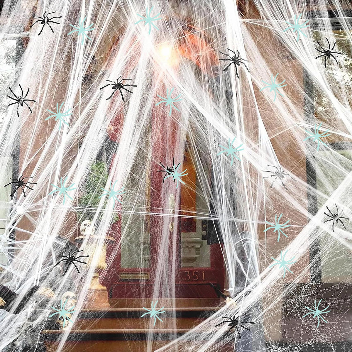 Stretchy Web Kit with 10 Glowing and 10 Black Spiders for Halloween Doors and Ceilings