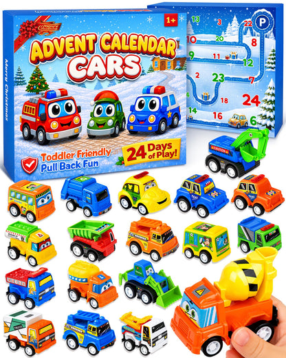 Pull Back Car Countdown Box with 24 Bright Colored Cars and a Play Map in a Gift Ready Package