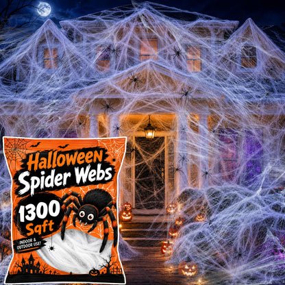 Stretch Cobweb Pack with 40 Plastic Spiders in Six Sizes for Halloween Hedges Porches and Walls