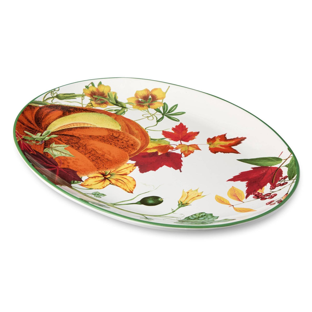 Fall Ceramic Platter with Pumpkin Artwork and 16x12 Inch Oval Size for Holiday Meals