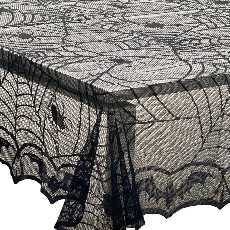 Black Mesh Table Cover with Spider Web Pattern for Halloween Buffets and Dessert Tables