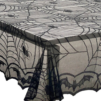 Black Mesh Table Cover with Spider Web Pattern for Halloween Buffets and Dessert Tables