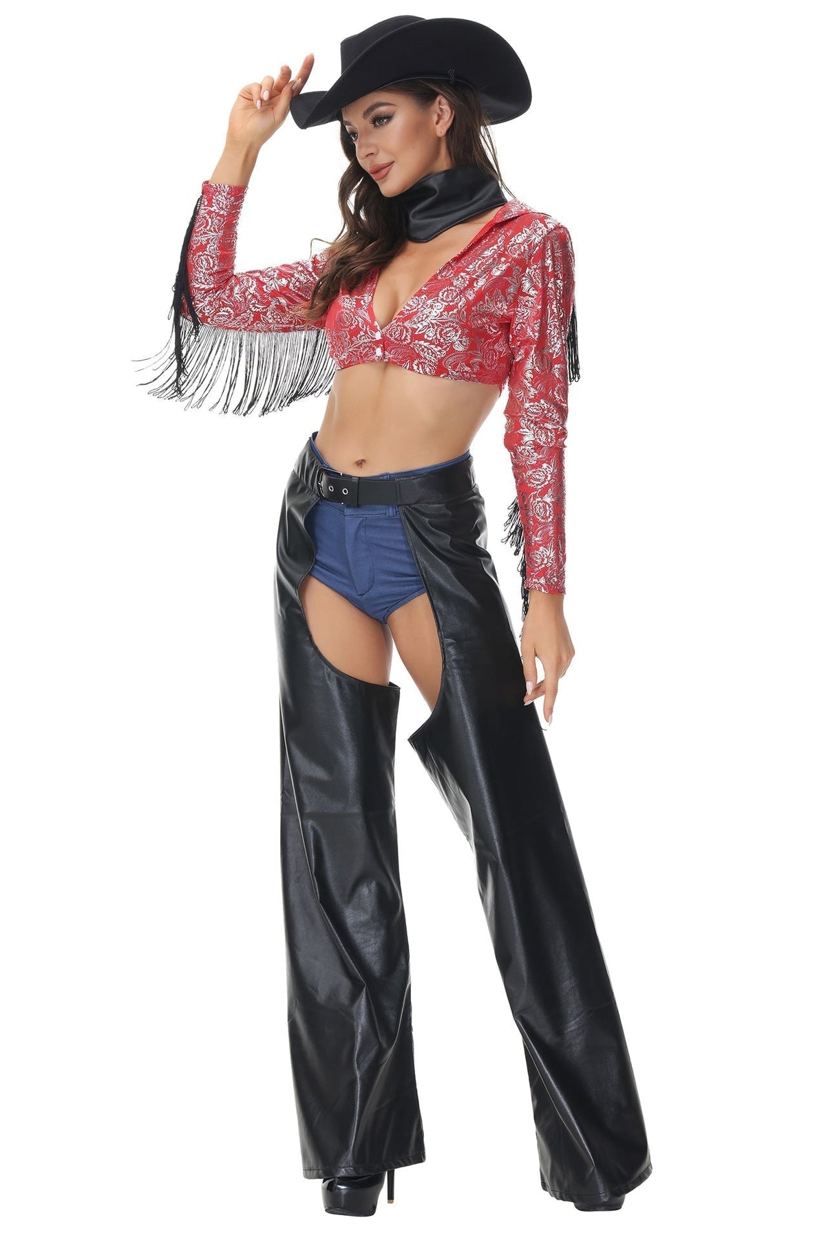 Western Cowgirl Costume Set with Fringe Printed Top, Open Side Pants, and Hat Option