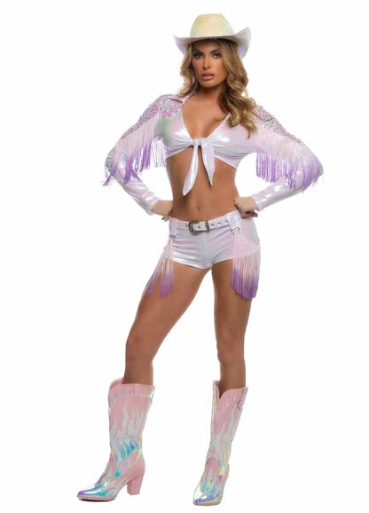 Shimmer Cowgirl Costume Set with Ombre Fringe Tie Top, Buckle Belt, and Matching Shorts