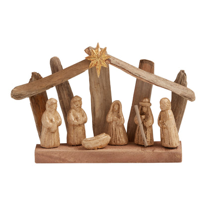 Weathered Driftwood Nativity with Gold Wash Paper Pulp Figures and a Metal Star for Mantels and Shelves