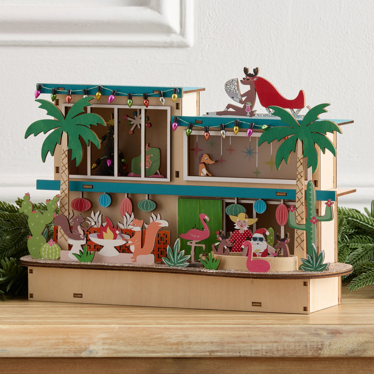 Laser Cut Wood Retro Vacation House Decor with Warm LED Glow and Timer for Mantels and Shelves