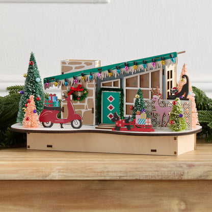 Laser Cut Wood Sloped Roof Scooter House with LED Lights and Timer for Holiday Shelves