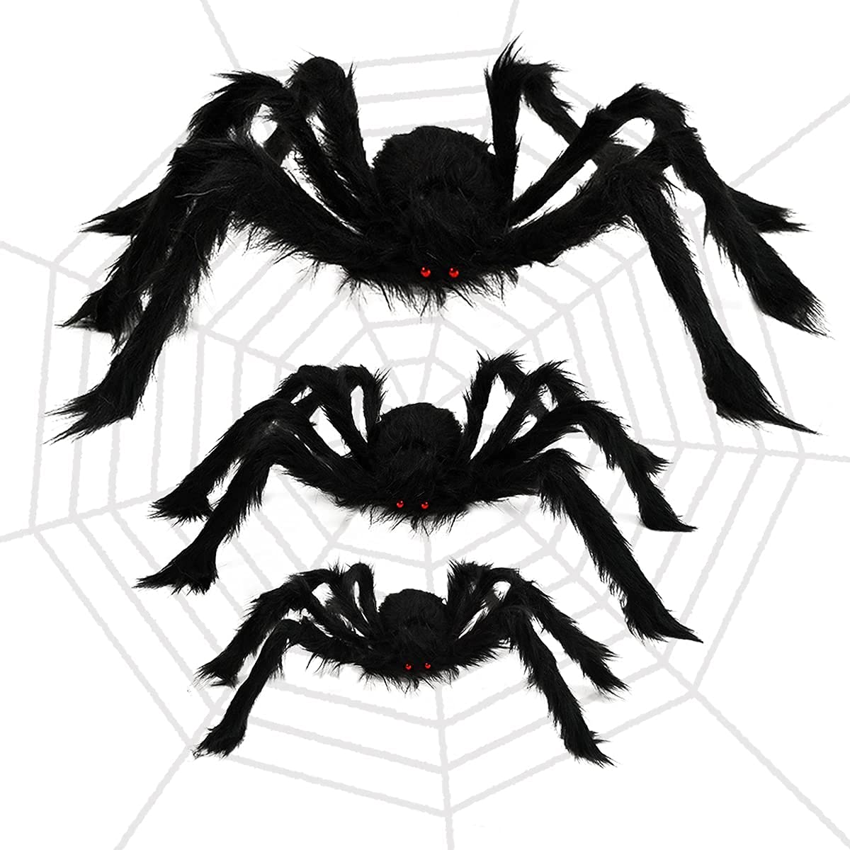 Giant Bendable Spider Trio with 12 Foot Cobweb for Halloween Porches Trees and Fences in Black Or White