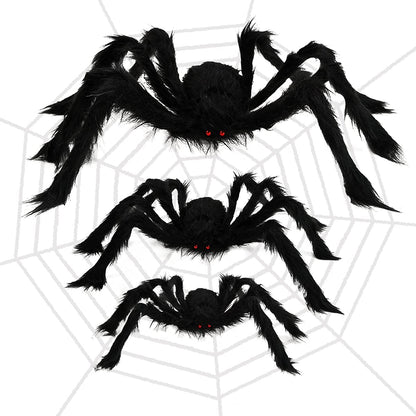 Giant Bendable Spider Trio with 12 Foot Cobweb for Halloween Porches Trees and Fences in Black Or White