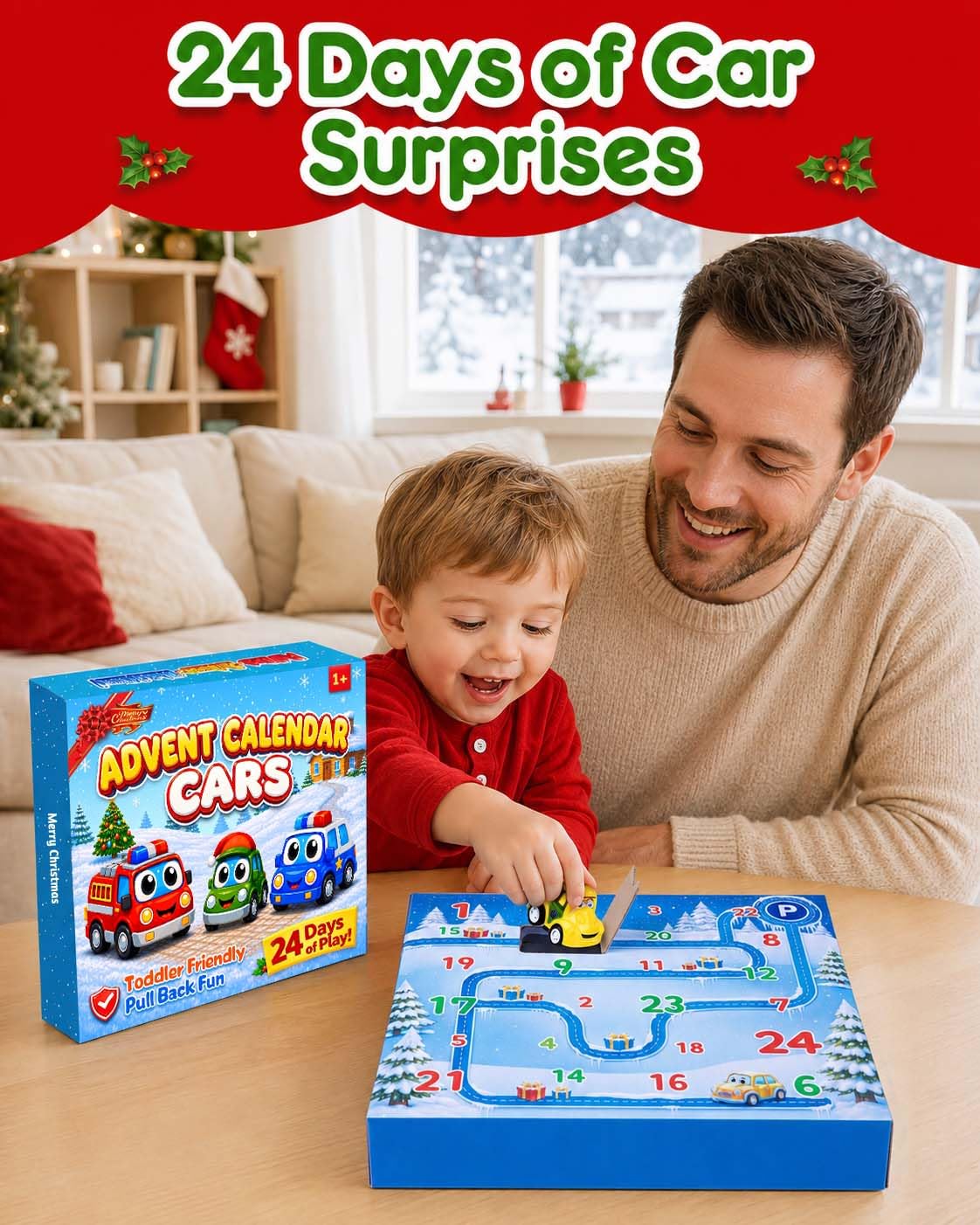 Pull Back Car Countdown Box with 24 Bright Colored Cars and a Play Map in a Gift Ready Package