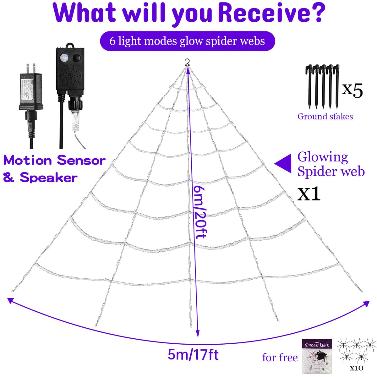 Light Up Spider Web with Motion Sensor Sound and 150 Purple LEDs for Yards and Rooflines