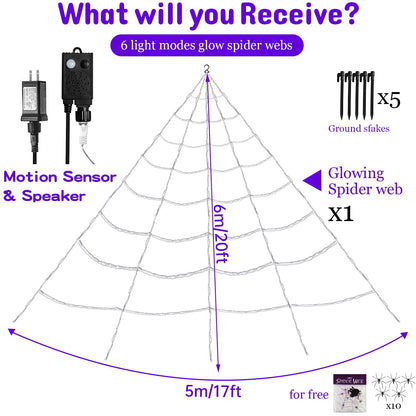 Light Up Spider Web with Motion Sensor Sound and 150 Purple LEDs for Yards and Rooflines