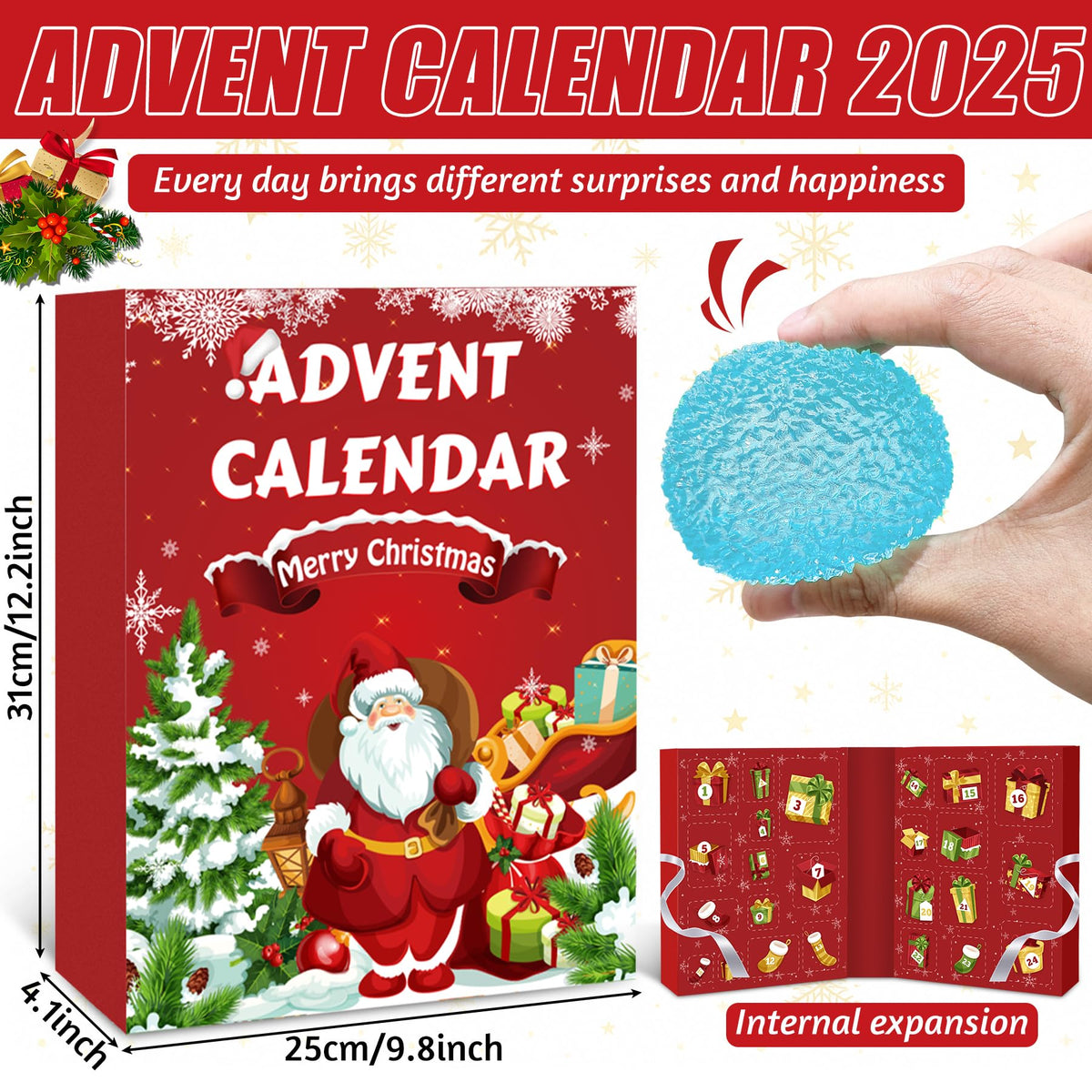 Christmas Countdown Box with 24 Soft Squishy Toys and a Fold Out Red Display for Kids