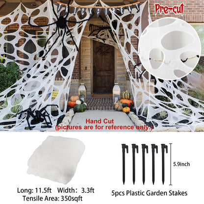 Stretchy Spider Web Netting 11.5 Feet Long with Five Stakes for Halloween Fences Porches and Trees