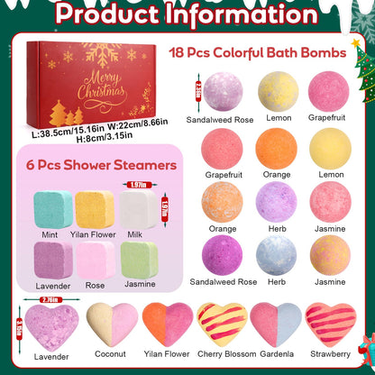 Red Christmas Box of 24 Individually Wrapped Bath Bombs in 14 Scents with a Numbered Door for Each Day