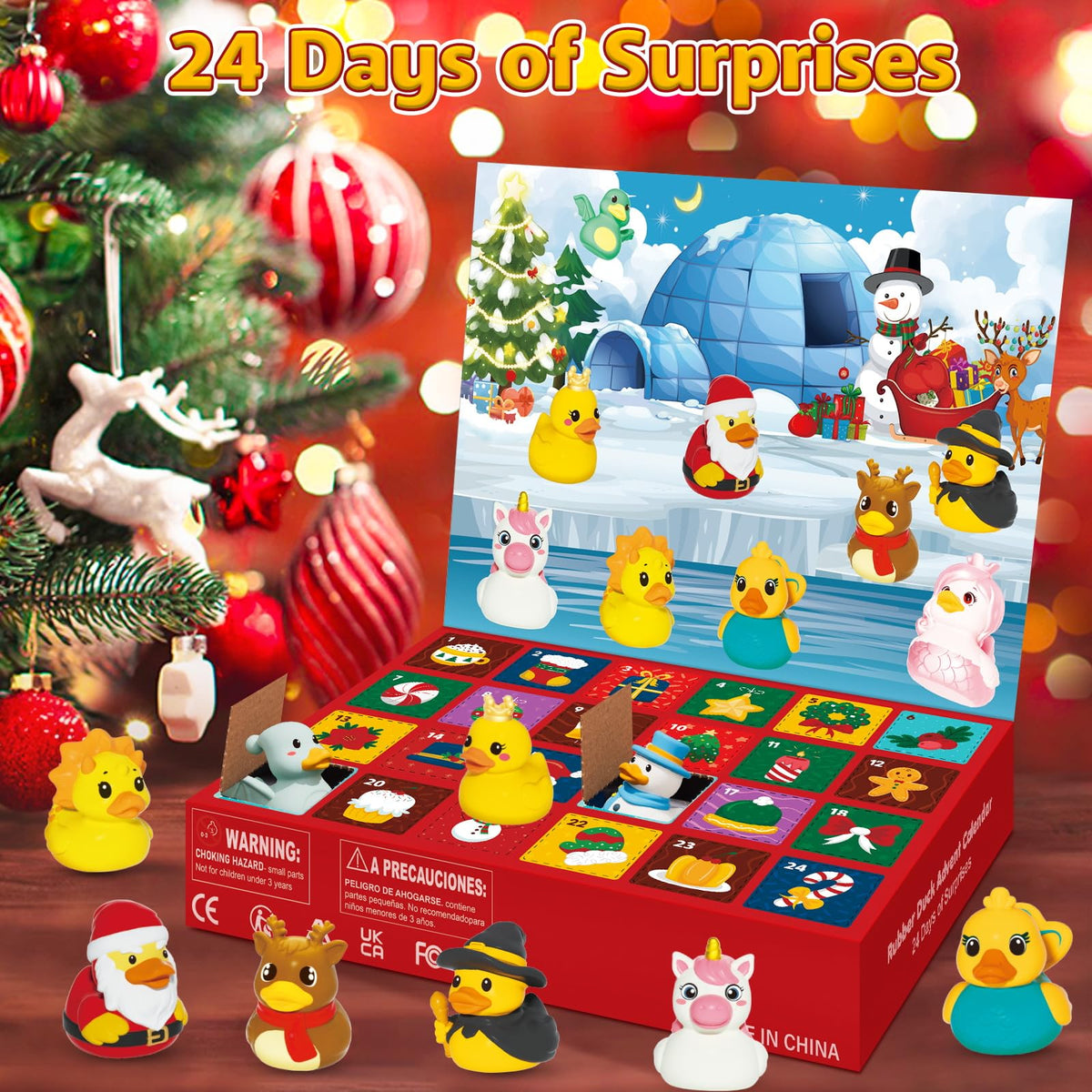 Costume Rubber Duck Countdown Box with 24 Different Festive Ducks for Bath Time and Shelves