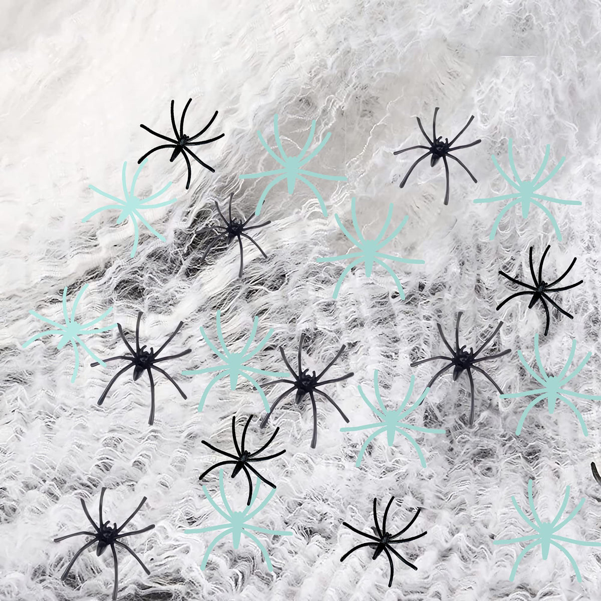 Stretchy Web Kit with 10 Glowing and 10 Black Spiders for Halloween Doors and Ceilings