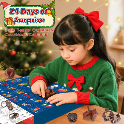 Brain Teaser Countdown Box of 24 Interlocking Metal Rings and 3D Wooden Puzzles in Dark Brown or Light Brown