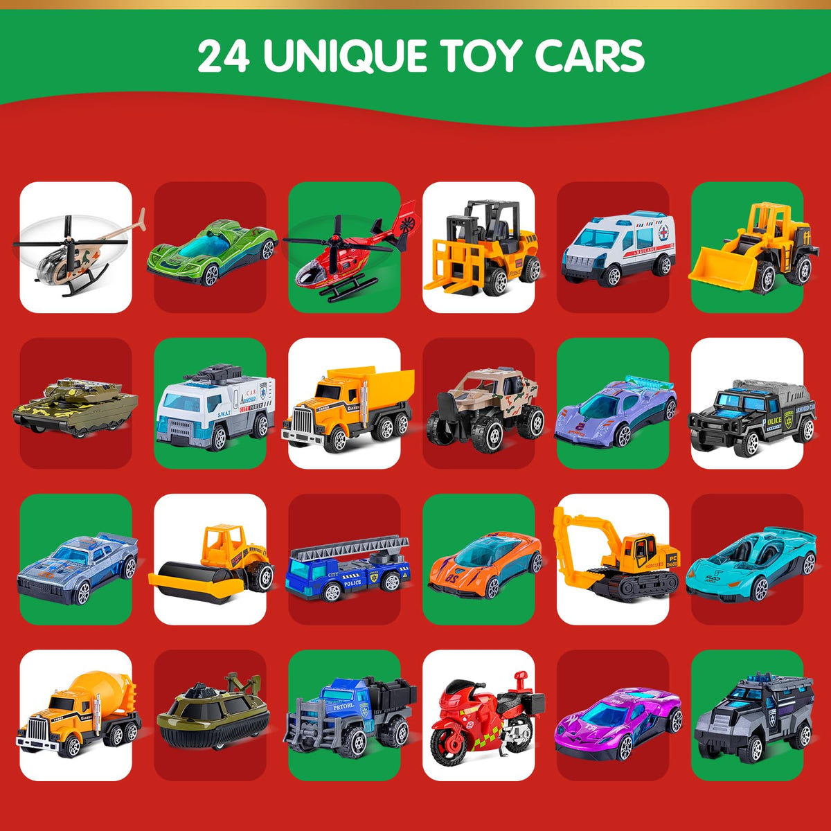 Calendar Box of 24 Die Cast Alloy Race Cars, Tanks and Helicopters with a Folding Play Map for Ages 3 and Up