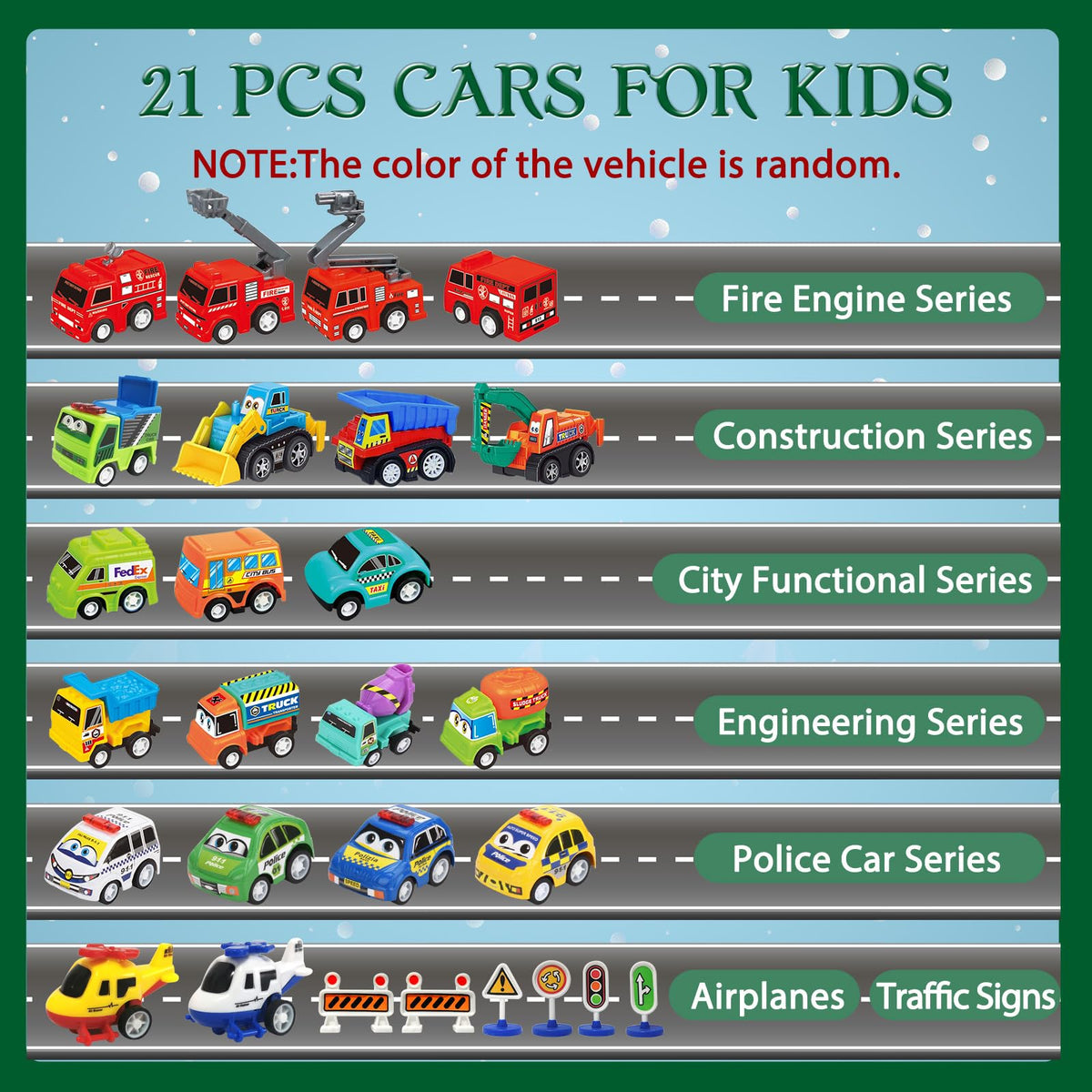 Pull Back Vehicle Countdown Box with 21 Toy Cars and Trucks Plus 3 Sets of Road Signs